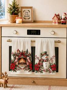 2pcs Christmas Vintage Cozy Fireplace Christmas Flower Snowman Pattern Kitchen Towels, Soft Polyester Material Dish Cloths, Suitable For Kitchen Decor, Kitchen Cleaning, Holiday Party Decoration, Kitchen Bathroom Supplies Home Essentials, Home Decor, Housewarming Gift - Multicolor - View 7