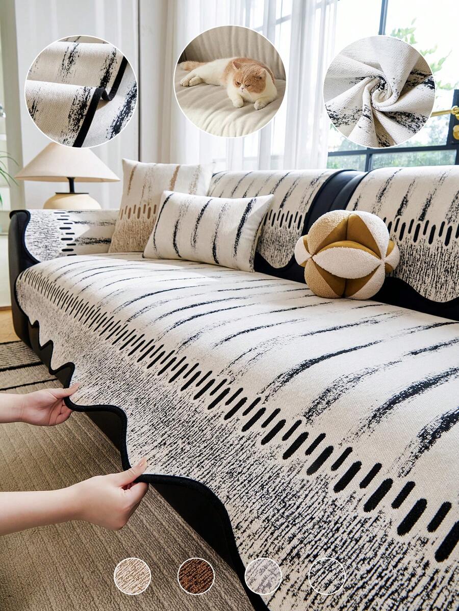 Geometric Stripe Sofa Cover 1Pc, Non-Slip Wear Resistant Sofa Slipcover, Modern Abstract Pattern Sofa Protector For Living Room - Multicolor - View 1