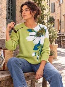 Women's Lightweight Floral Print Sweater - Multicolor Flower Pattern, Casual Crew Neck Long Sleeve Top Fall Vacation - Green - View 3
