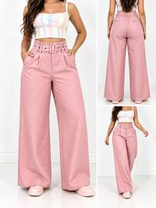 Pocket High Waist Straight Leg Pants Autumn Versatile High Waist Casual Pants Candy Color Soft Style Wide Leg - Pink - View 1