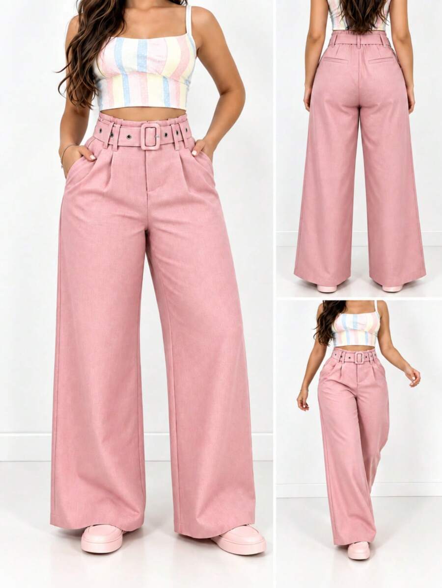 Pocket High Waist Straight Leg Pants Autumn Versatile High Waist Casual Pants Candy Color Soft Style Wide Leg - Pink - View 1