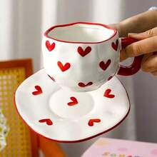 Cute Hand-Painted Ceramic Mug And Saucer Set, Coffee Cup, Home/Office Tea Cup, Suitable For Juice, Milk, Coffee - Birthday And Holiday Gift, Gift For Family, Gift For Him, Ceramic Coffee Cup Set - Red - View 4