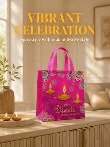 Diwali Gift Bags Happy Deepavali Festival Of Lights Printed Tote Bags With Handles Multicolor Diya Floral Design Party Favor Bags For Holiday Gift Wrapping Candy Treat Storage(4/12/20PCS) - Multicolor - View 4