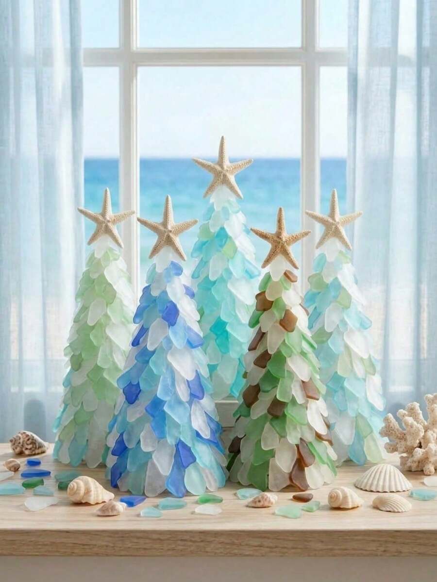 1 Set DIY Sea Glass Christmas Tree Craft Kit, 5 Colors Available, With Starfish Topper, Frosted Glass Pieces, Suitable For Handmade Holiday Gifts, Coastal Home Decor, Bedroom Bookshelf Display, Holiday Table Centerpiece And Creative Craft Projects - Upgraded DIY Christmas Tree - View 1