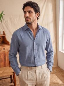 glestore Men's Vintage American "Old Money Style" 100% Pure Cotton Short Sleeve Shirt, Fashionable And Versatile, Suitable For Commuting, Casual And Vacation - Dusty Blue - View 3