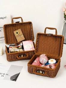 1pc Woven Handbag Cosmetic Storage Box, Wedding Gift Box, Bridesmaid Gift Box, Rattan Storage Basket, Travel Camping Photo Prop, Autumn Home Decor, Christmas Home Decor - Brown - View 1