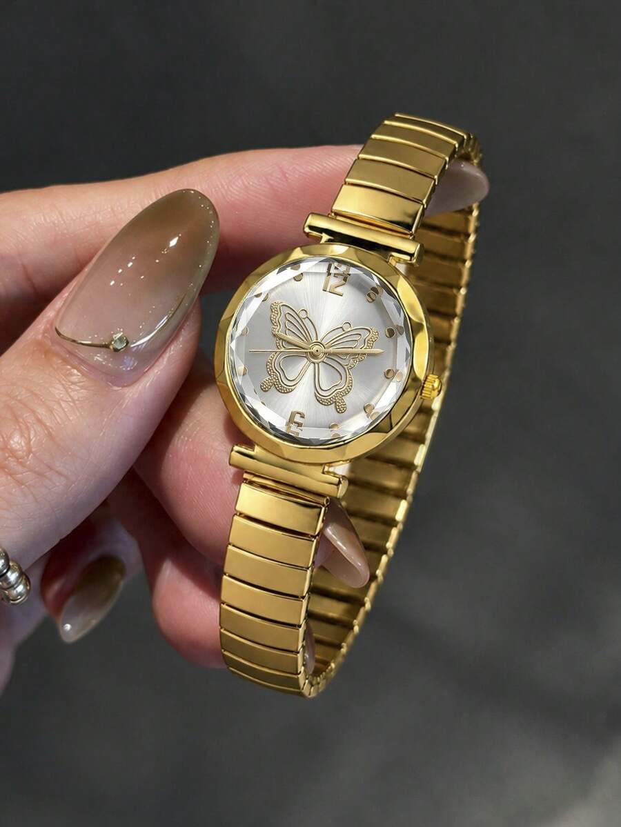 1pc Women's Quartz Wristwatch, Retro Casual Business Minimalist Style, Elastic Strap Butterfly Head For Daily Wear, Holiday Gift Selection - Gold - View 1
