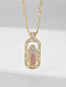 1PC European & American Classic Religious Element Popular Style 14k Gold Plated Copper Material Angel Guadalupe Virgin Mary Guardian Light Limited Edition Pendant Necklace, Paired With 50cm Figaro Chain, Suitable For Christmas/Thanksgiving/Halloween/Mother's Day/Valentine's Day Couples/Friends/Fellow Believers Gift, Catholic First Communion, Gift, Daily & Holiday Wear Prayer - Yellow Gold - View 4