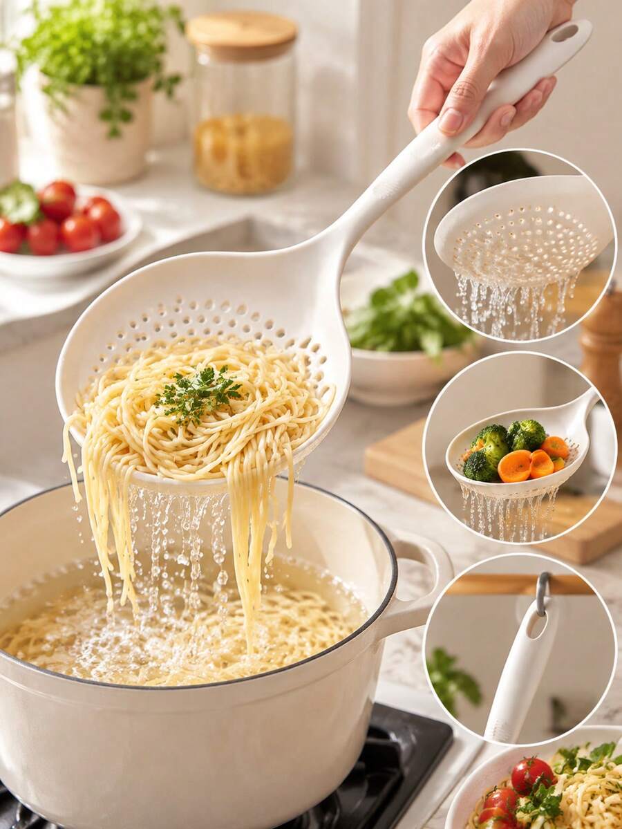 2/1pc White Large Silicone Hollow Soup Ladle, Heat Resistant Long Handle Strainer Spoon For Pasta, Dumplings, Noodles, Kitchen Draining Spoon - Multicolor - View 1