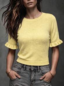 Women's Casual Yellow Round Neck Ruffle Short Sleeve Loose Fit T-Shirt, Spring/Summer Style, Suitable For Dating And Daily Wear - Yellow - View 5