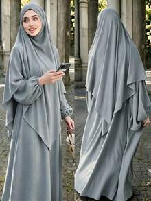 Elegant 2 Pieces Abaya Set, Puff Long Sleeve Full Skirt With Matching Hijab, Casual Loose Muslim Women's Outfit - Multicolor - View 25