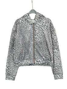 Women's Y2K High Street Kangaroo Pocket Sweatshirt, Women's Leopard Print Long Sleeve Jacket Spring Sports - Grey - View 7