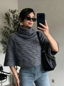 Autumn/Winter Vintage Cable Knit High Neck Cape, Atmospheric Versatile Warm Vest - Dark Grey - View 4
