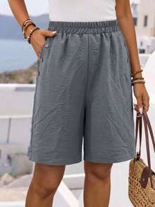 Pantalones cortos casuales relajados con botones y bolsillos para mujer de talla grande - Gris Oscuro - Ver 2