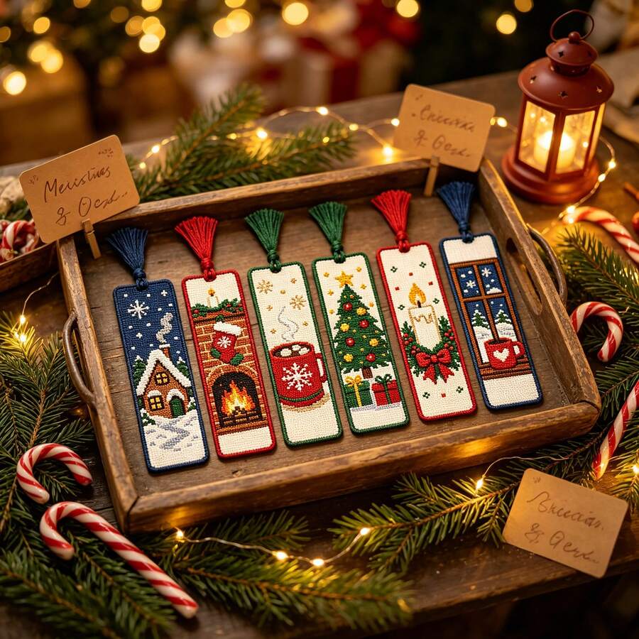 6pcs Christmas Print Cross Stitch Bookmark Set, 11CT 3-Strand Thread Handmade Kit, Includes Tree, Bell, Christmas Stocking Patterns, Optional Tools, Suitable For Beginners, Back To School Gift For Teachers, Classmates, Friends, Home Decor - Multicolor - View 1