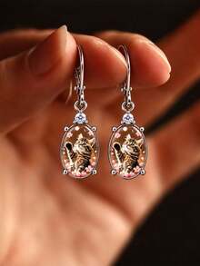Hello Spring Oval Drop Earrings With Upward Paw Kitten Greeting Embellishment, Women's Cute Pet Theme Jewelry, Perfect Gift For Cat Lovers And Best Friends - Silver - View 1