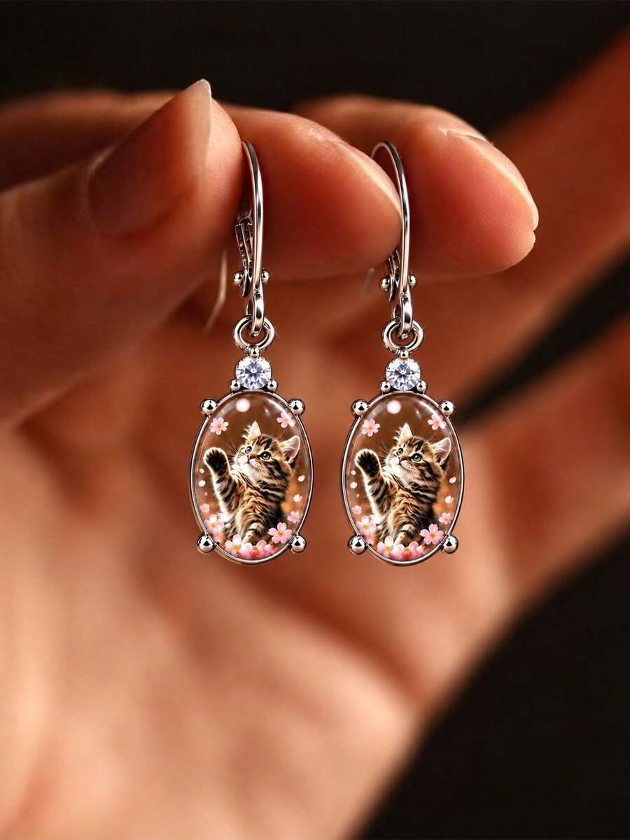 Hello Spring Oval Drop Earrings With Upward Paw Kitten Greeting Embellishment, Women's Cute Pet Theme Jewelry, Perfect Gift For Cat Lovers And Best Friends - Silver - View 1