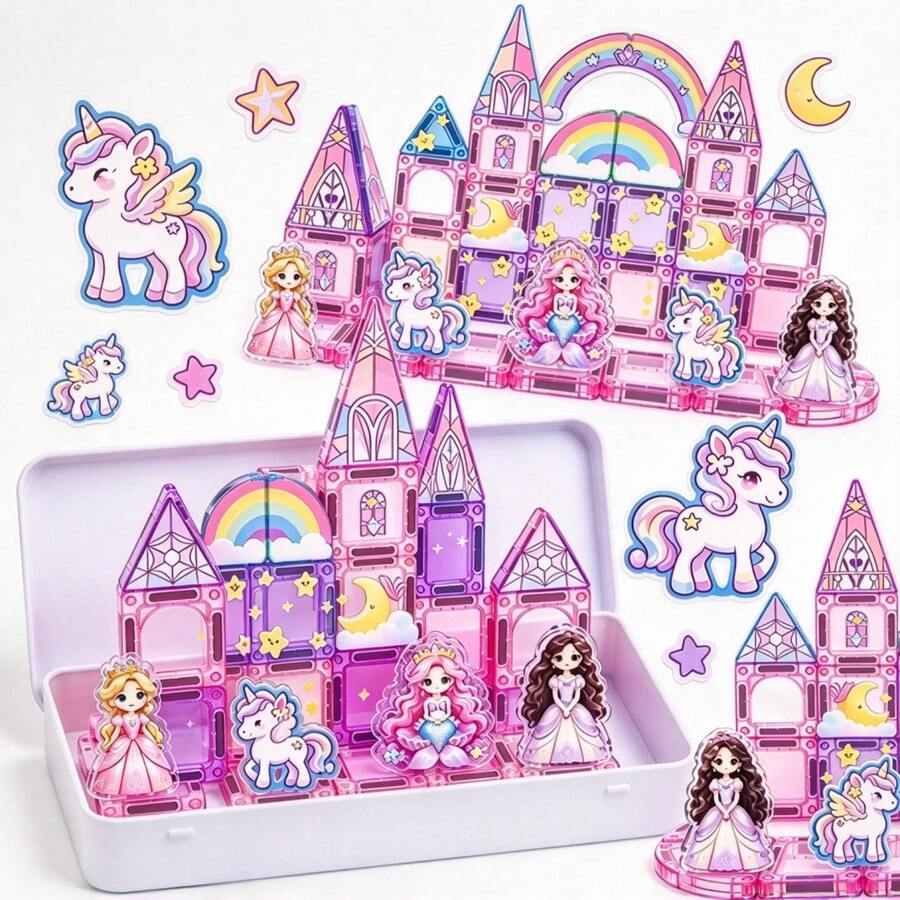40PCS Princess & Unicorn Castle Magnetic Building Blocks Toy, STEM Educational Magnetic Toy With Portable Metal Storage Box, Suitable For Girls Aged 3-8 - Color - View 1