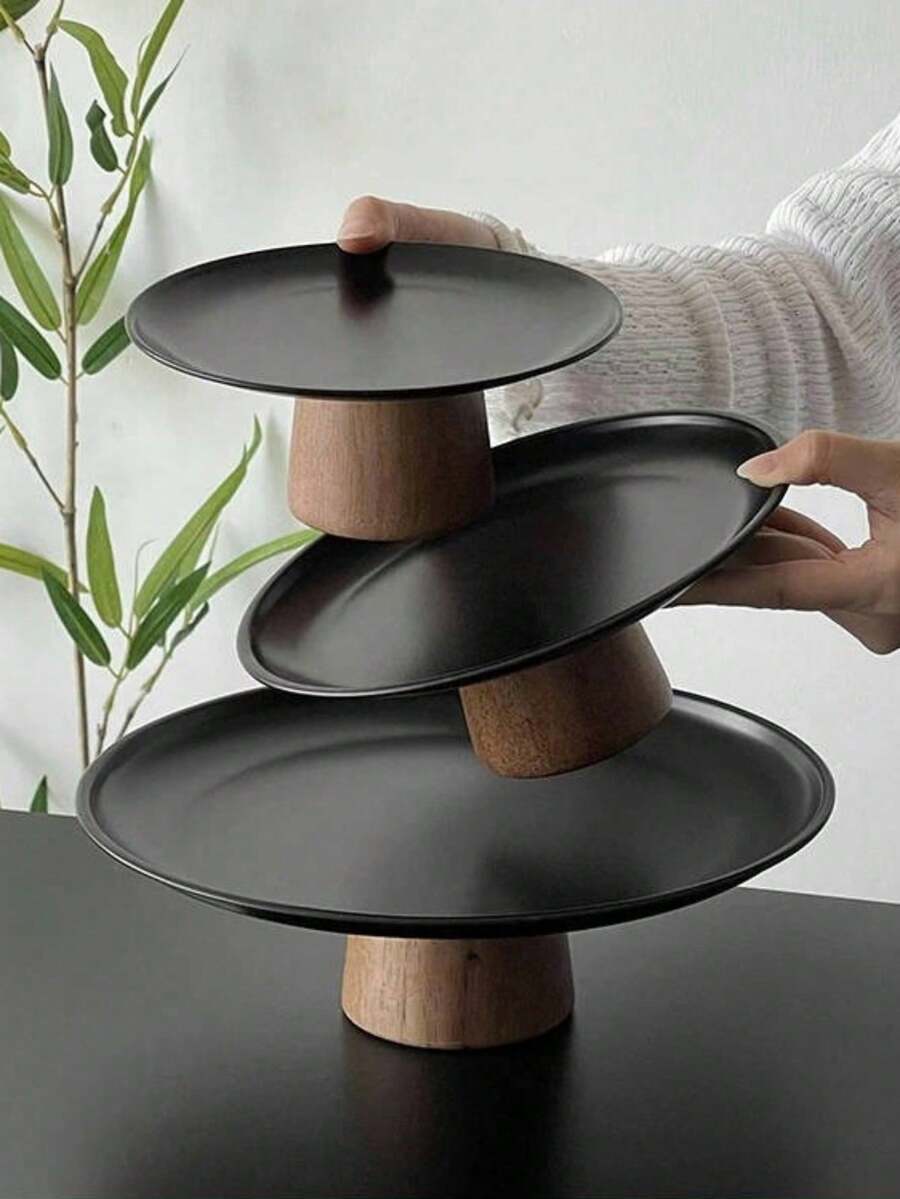 1pc Stainless Steel Cake Stand With Wooden Base, Dessert Display Plate, Multi-Functional Fruit Tray, Suitable For Table Decoration, Home And Kitchen Dining Plate, Ramadan Use - Black - View 1