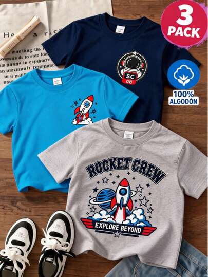 Paquete de 3 Playeras para Niño 100% Algodón Estampadas Espacio Cohetes y Astronauta Manga Corta Tallas 4, 6 y 8 Años