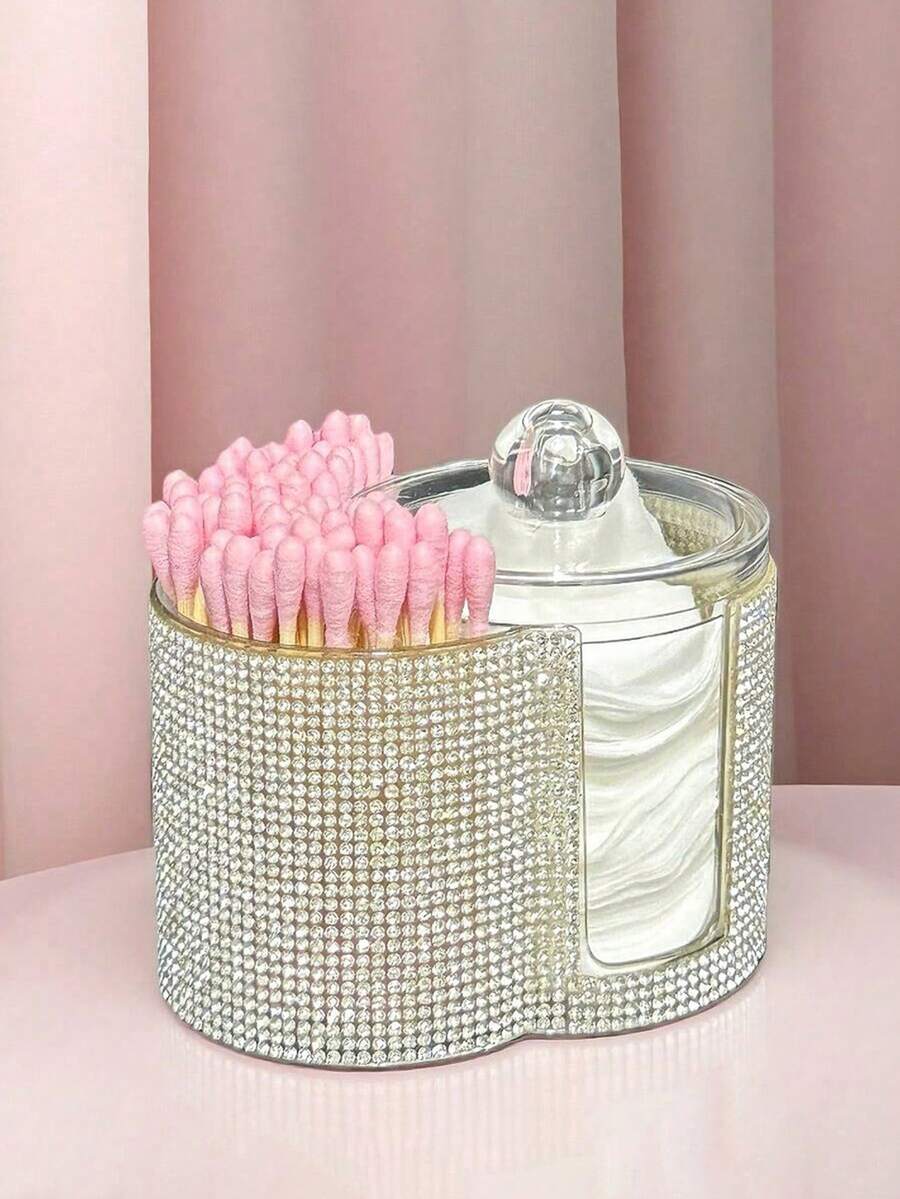 2-In-1 Rhinestone Plastic Storage Box, Desktop Makeup Organizer With Dual Round Compartments, Transparent Cosmetic Storage Box With Dual Grid Design - Modern Vanity Storage Box With Lid, Bathroom Sink Organizer, Suitable For Makeup Brushes, Lipsticks, Beauty Tools - Multicolor - View 1