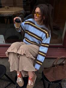 Comfortable Women's Striped Pullover Sweater, Light Blue Knit Long Sleeve Top, Suitable For Autumn/Winter Wear - Baby Blue - View 7