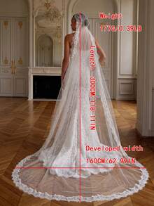 1pc Lace Soft Mesh Faux Pearl Tassel Double Layer Bridal Veil, Short Face Veil Headpiece For Cathedral Wedding, Travel Photography And Pre-Wedding Party - White - View 12