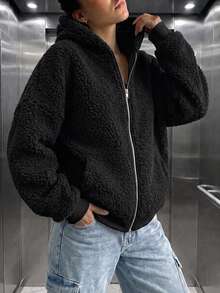 Women's Casual Fleece Plush Zip-Up Sweatshirt, Loose Oversized Long Sleeve, Suitable For Daily Wear, Autumn/Winter Outfits - Black - View 2