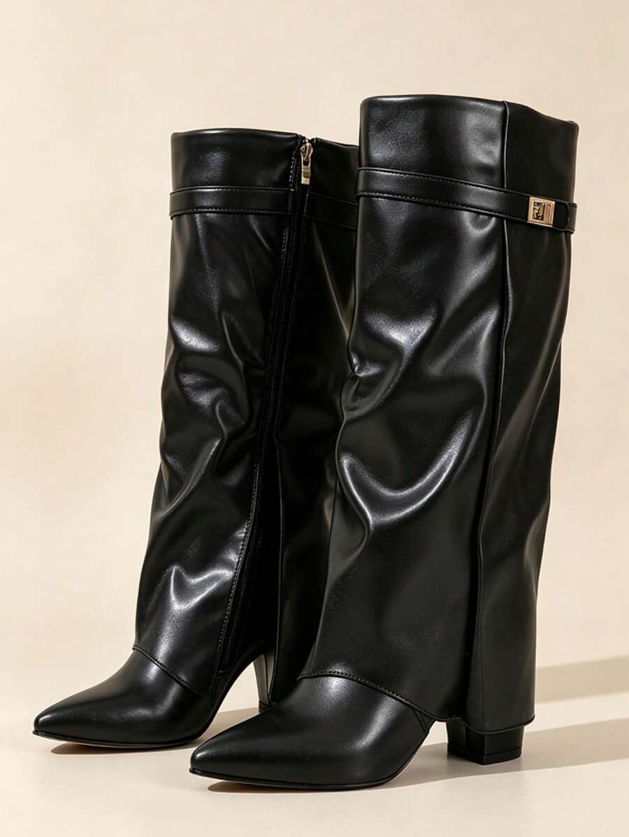 Sepatu Bot Panjang Wanita Model Baru Musim Gugur Setinggi Lutut, Ujung Lancip, Hak Tebal dengan Hiasan Tali Gesper, Resleting Samping, Belahan Samping, Sepatu Bot Panjang Modis untuk Pesta - Hitam - View 1