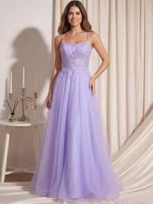 Spaghetti Strap Lace Prom Dress, Banquet Dresses Party Fall Elegant Wedding - Lilac Purple - View 9