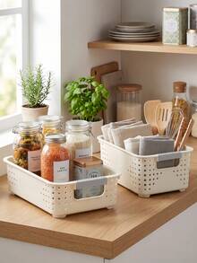 4pcs White Plastic Baskets, Home Storage And Organization Baskets With Handles, Space-Saving Woven Storage Bins Plastic Storage Baskets, For Organizing Cabinets, Closets, Shelves, Countertops 1/3/4pcs - Multicolor - View 4
