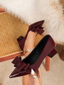 Bow Pointed Toe Hollow Heel Women's Shoes, Elegant Commute Date Versatile Comfortable Thick Heel Pumps - Burgundy - View 1