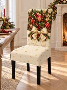 Christmas Chair Cover, Gold Bow And Christmas Ball Print Chair Back Cover, Luxury Holiday Dining Room Home Decor Chair Protector - Multicolor - View 8