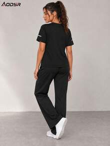 AODSR 2PCS Women Short Sleeve Two Pieces Pants Set Casual Top And Long Pants Set Women Matching Outfit - Black - View 4