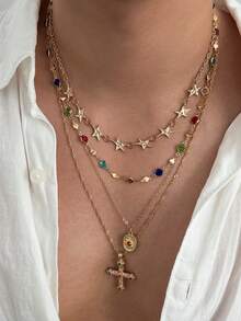 4pcs Vintage Glamorous Multi-Color Rhinestone Star Chain Necklace, Personalized Hip-Hop Cross Pendant Necklace, Daily Party Accessory, Unisex - 4pcs - View 2