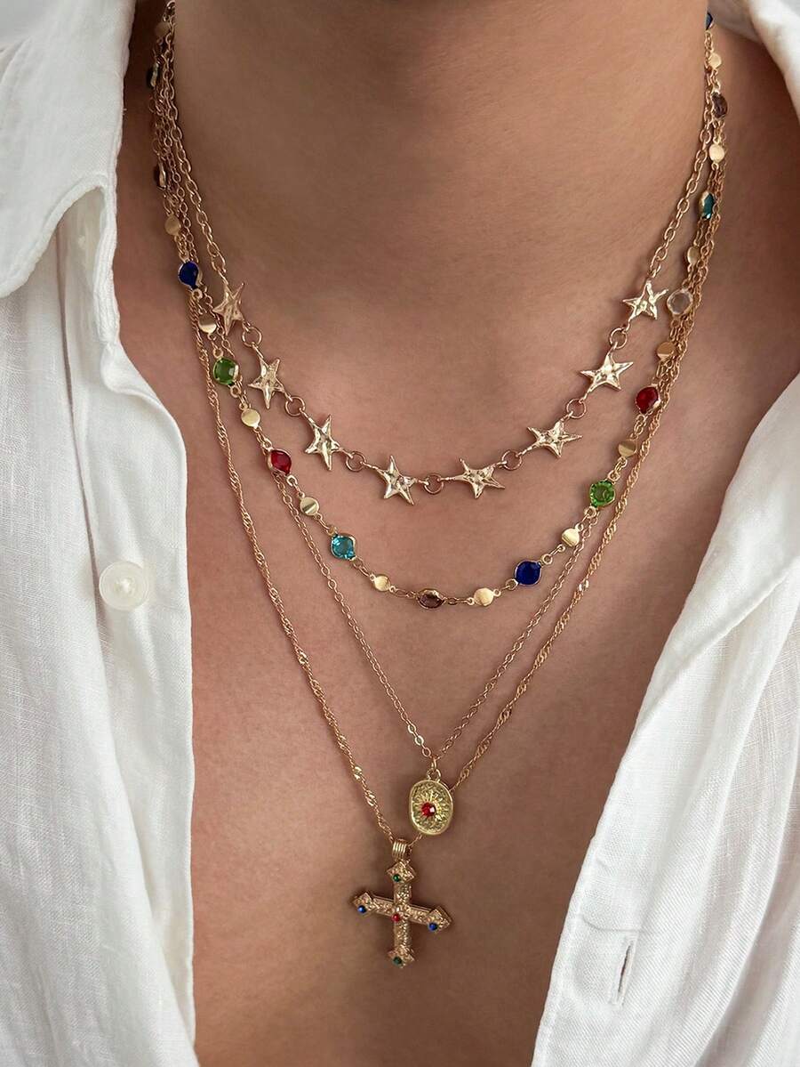 4pcs Vintage Glamorous Multi-Color Rhinestone Star Chain Necklace, Personalized Hip-Hop Cross Pendant Necklace, Daily Party Accessory, Unisex
