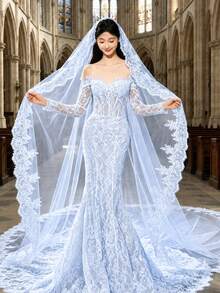 1pc Elegant Vintage Lace Bridal Veil With Metal Comb, Perfect For Vienna Cathedral & Church Weddings - Multicolor - View 9