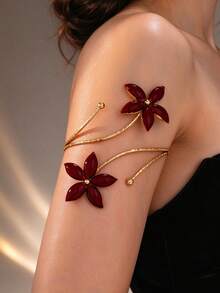 1pc Burgundy Enamel Flower Open Cuff Bracelet, Luxury Elegant Line Niche Design, Versatile Commuter Accessory - Burgundy - View 1