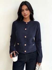 DEEKA Women's Fashionable Casual Minimalist Gold Button Accent Knit Cardigan, Spring/Autumn - Navy Blue - View 1