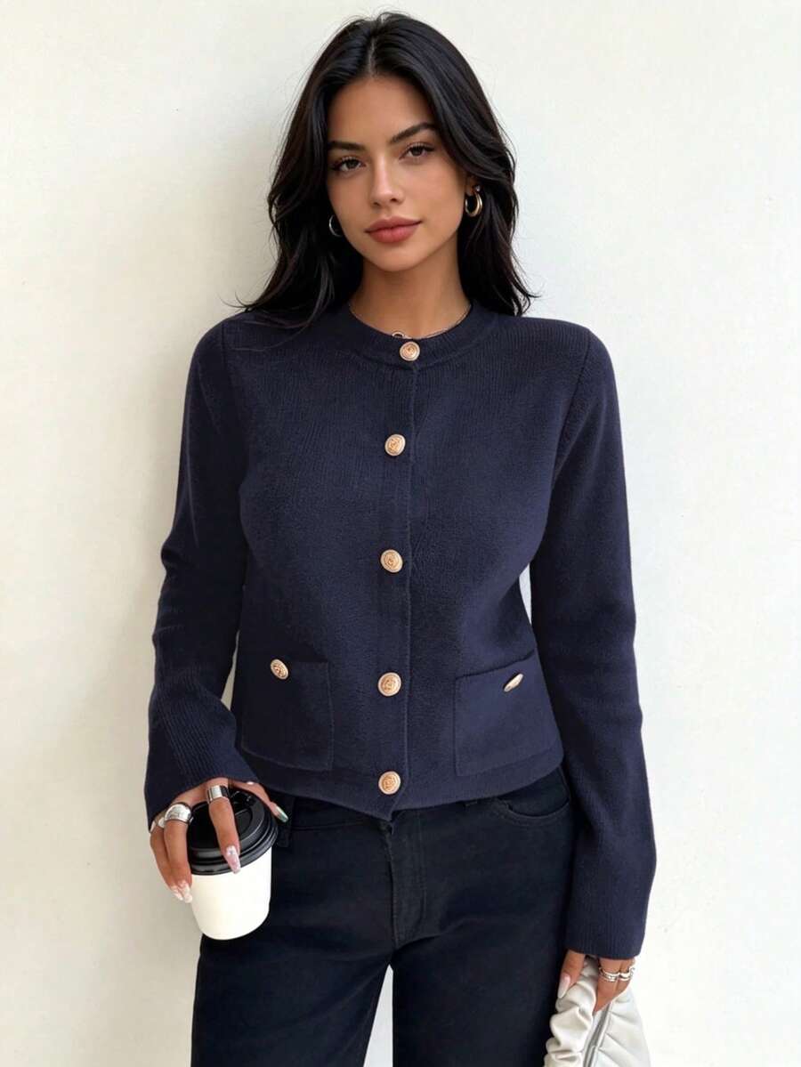 DEEKA Women's Fashionable Casual Minimalist Gold Button Accent Knit Cardigan, Spring/Autumn - Navy Blue - View 1