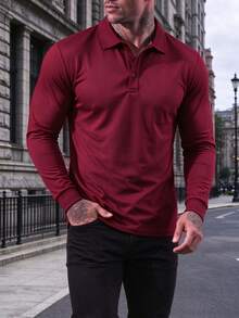 Men's Long Sleeve Polo Shirt, Solid Color, Breathable, Slim Fit, Business Casual, Lightweight, Wrinkle-Resistant, Commuter, Golf Shirt - Red - View 3
