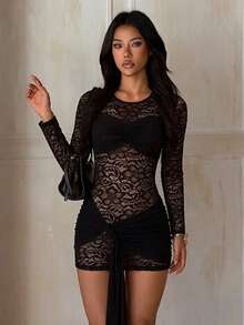 Autumn Solid Color Lace Ribbon Sexy Long Sleeve Dress Women's Elegant Short Dress Party Date Homecoming Dance - Black - View 4