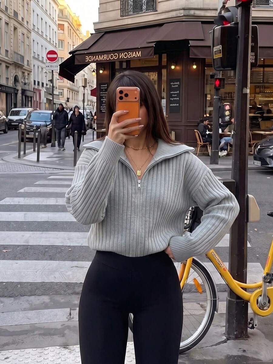 Women's Solid Color Stand Collar Zipper Casual Daily Knit Top - Grey - View 1