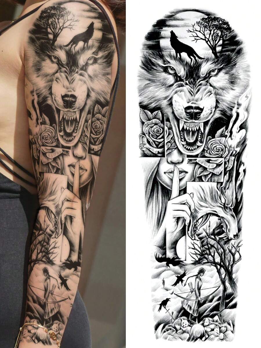 Full Arm Tattoo Sticker - Large Size Wolf Head Rose Portrait Pattern Tattoo Sticker Holiday Gift DIY Beach Party Full Arm Leg Body Skin Waterproof Tattoo Sticker 1pc/Pack - Black - View 1