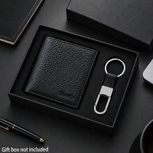 2pcs Men's Genuine Leather Wallet & Keychain Set, Textured Bifold Wallet, Minimalist Business Accessories, Christmas Birthday Gift For Dad Husband - Black - View 1