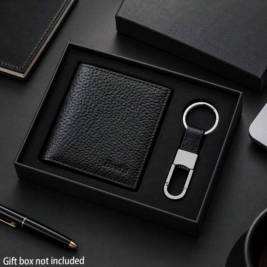 2pcs Men's Genuine Leather Wallet & Keychain Set, Textured Bifold Wallet, Minimalist Business Accessories, Christmas Birthday Gift For Dad Husband - Black - View 1