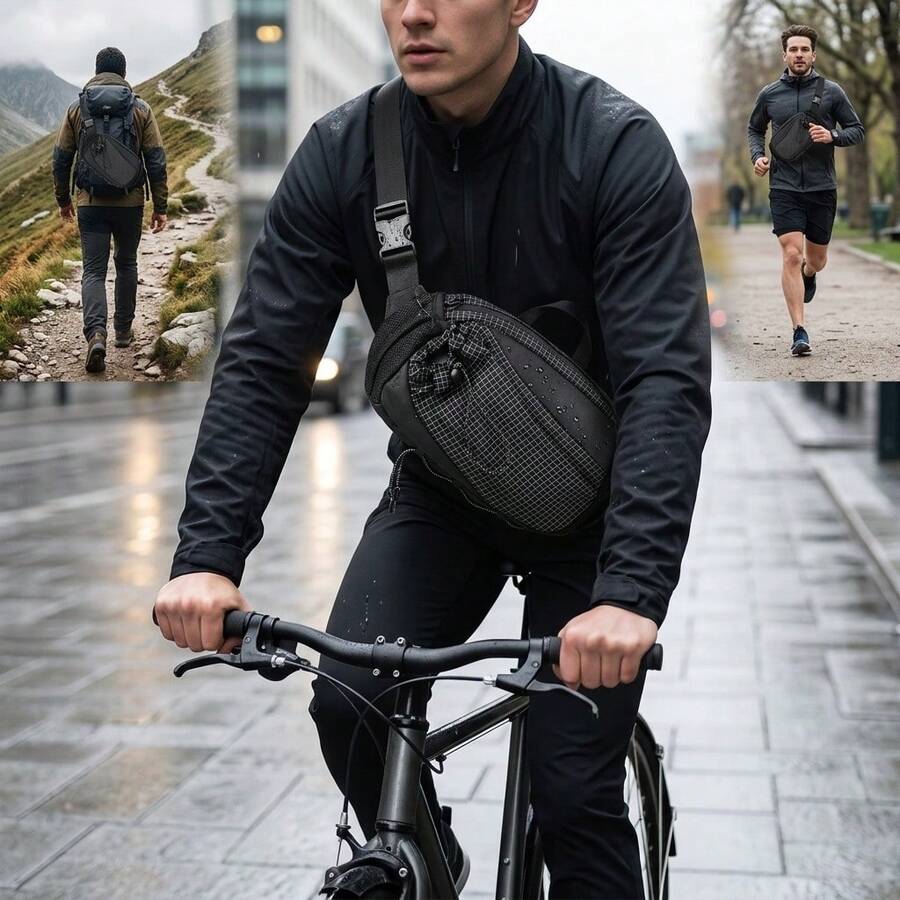 Black Waterproof Crossbody Bag, Large Capacity Sports Chest Bag, Durable Nylon Shoulder Bag With Reflective Strip For Cycling And Outdoor Activities - Multicolor - View 1