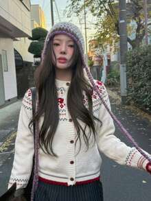 Cardigan Sweater Motif Bunga Fair Isle, Kerah Bulat, Kancing Depan, Lengan Panjang, Putih dengan Merah dan Abu-abu, Potongan Pendek, Sweater Musim Gugur Vintage yang Nyaman - MultiWarna - View 4
