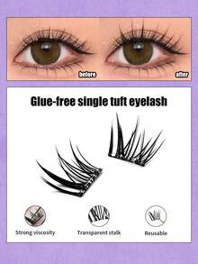 Asiteo 60pcs C Curl Black Natural Soft False Eyelashes, Glue-Free, Suitable For Beginners, Cute Cartoon/Anime Segmented False Eyelash Clusters, Single Cluster False Eyelashes, False Eyelashes - C - View 5
