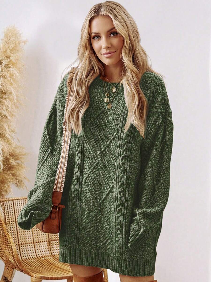 Acelitt Plus Size Women's Solid Color Knit Textured Cold Shoulder Plus Size Sweater Dress, Autumn/Winter - Green - View 1